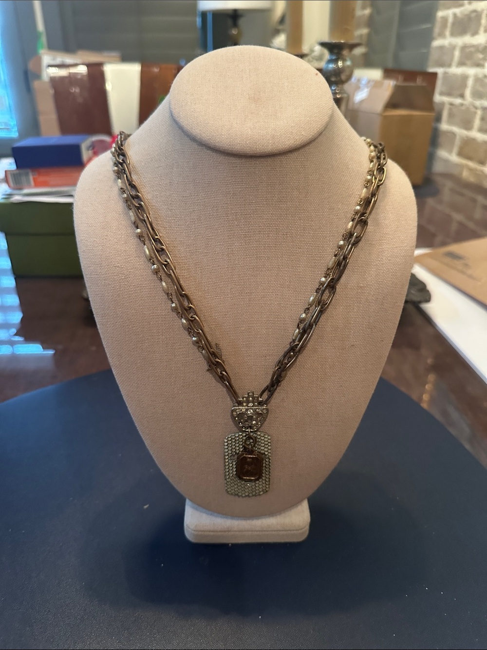 Jewel Kade Antique Gold Multi-Chain Pendant Necklace with Rhinestones